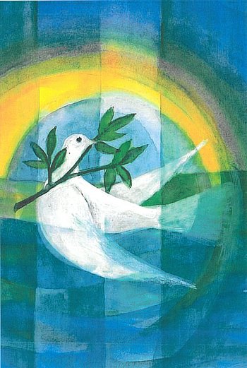 Gemälde auf dem eine weiße Taube zu sehen ist.
