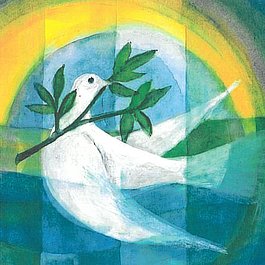Gemälde auf dem eine weiße Taube zu sehen ist.